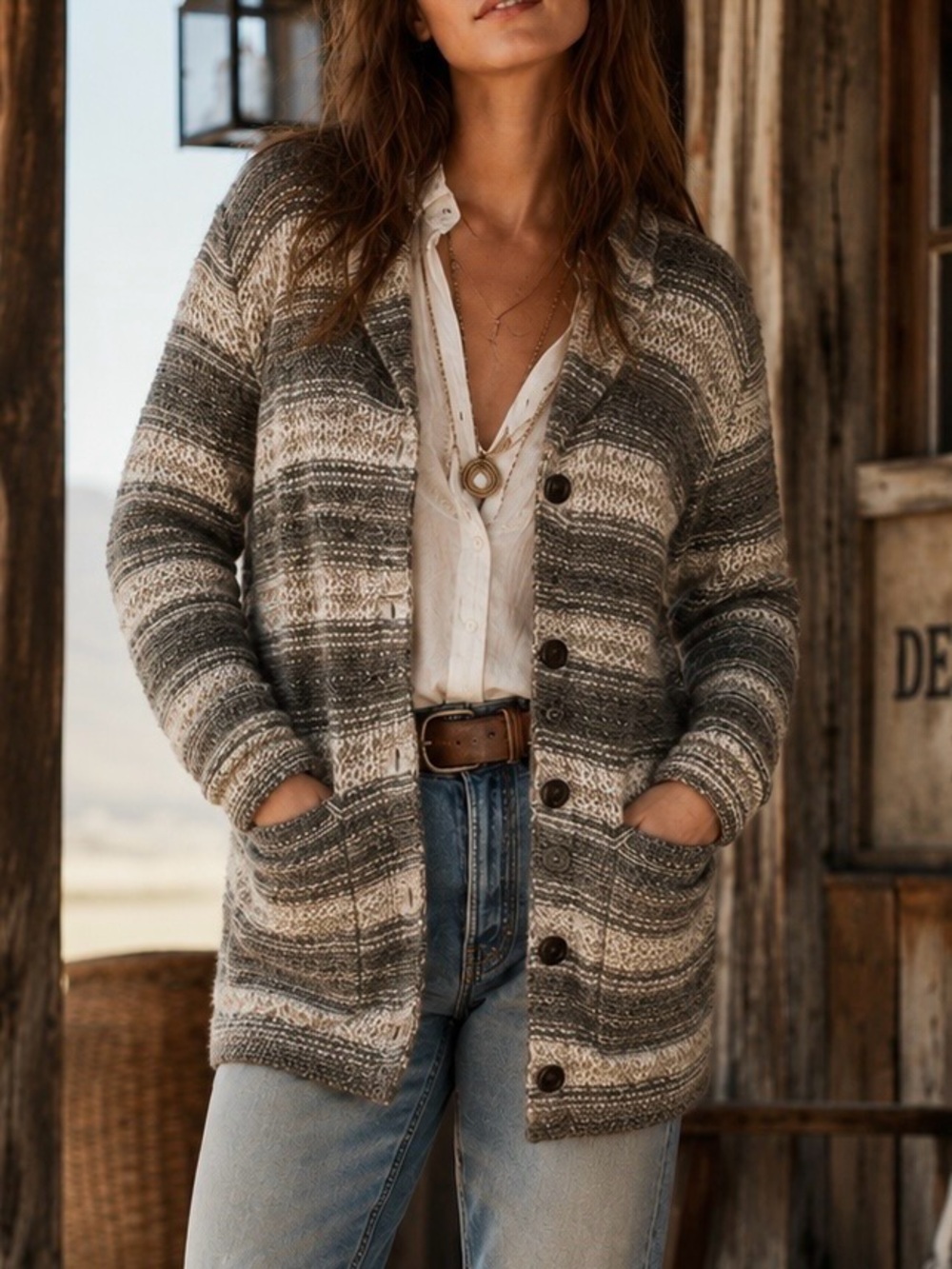 Denim & Supply Ralph Lauren Gray & Taupe Striped Button-Up Wool-Blend Cardigan S